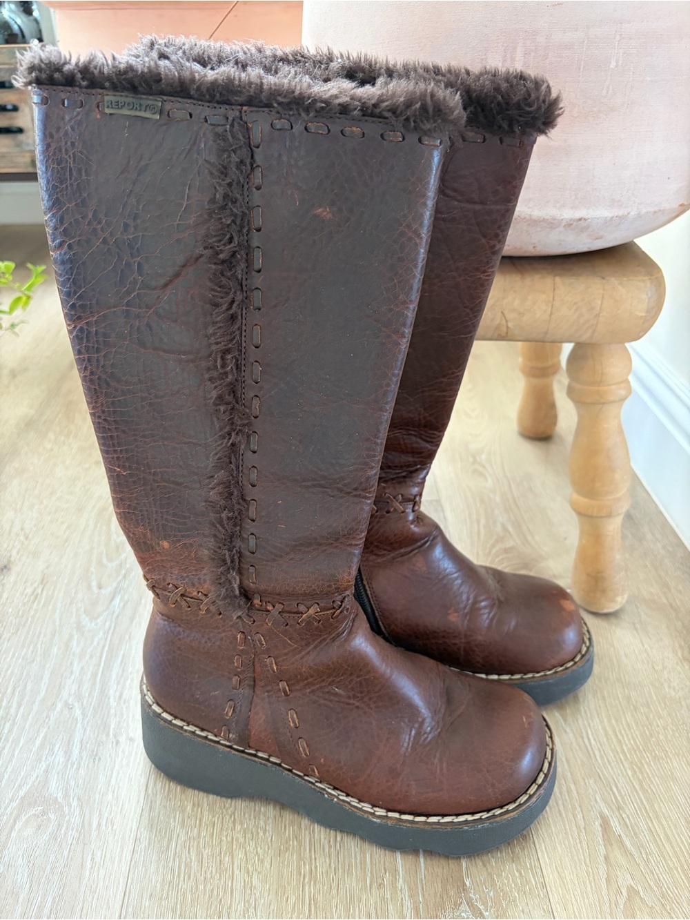 VTG Y2K Report Niagara Brown Leather Chunky Platform Boots Faux Fur Trim Size 6